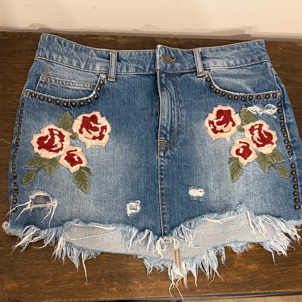 Free People Blue Denim Skirt with Red Floral Embroidery